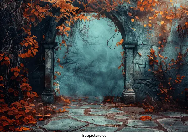 Mystical stone archway in the middle of a foggy autumn forest