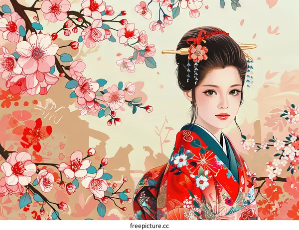 Japanese Woman in Traditional Kimono with Cherry Blossoms