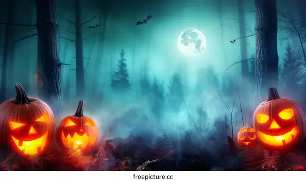 Halloween pumpkins in a spooky forest