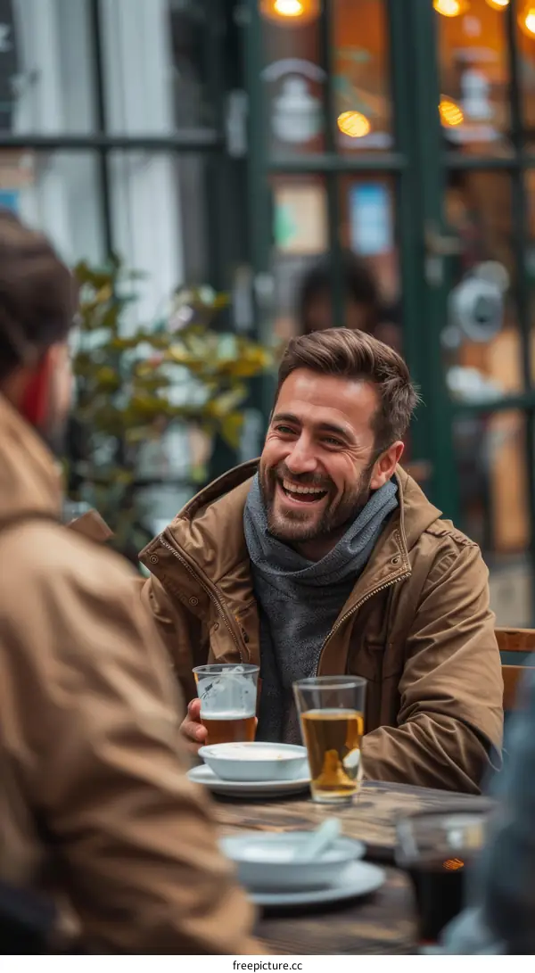 Two men are drinking beer and eating food at a restaurant.