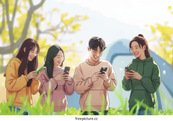 Four Asian friends looking at their phones in a field