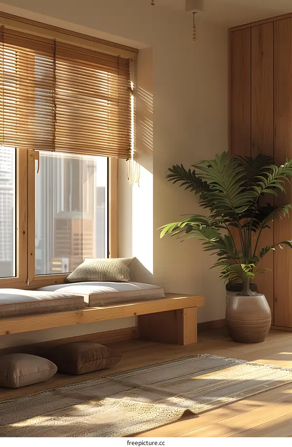 Minimalist Home Decor with Wooden Window Blinds and a Palm Plant