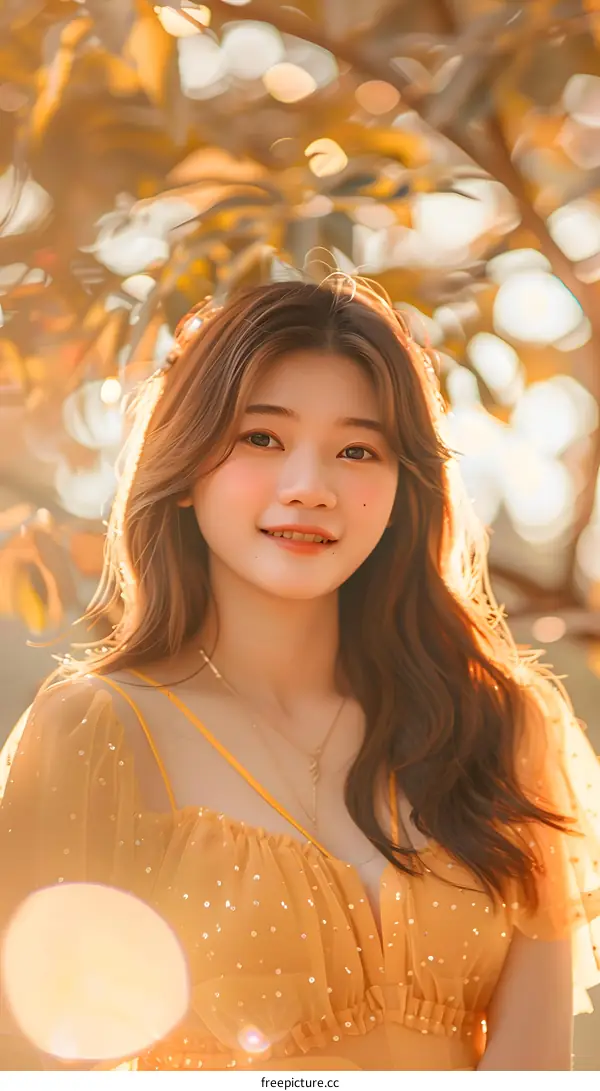 Beautiful Asian Woman in a Yellow Dress with Sparkles