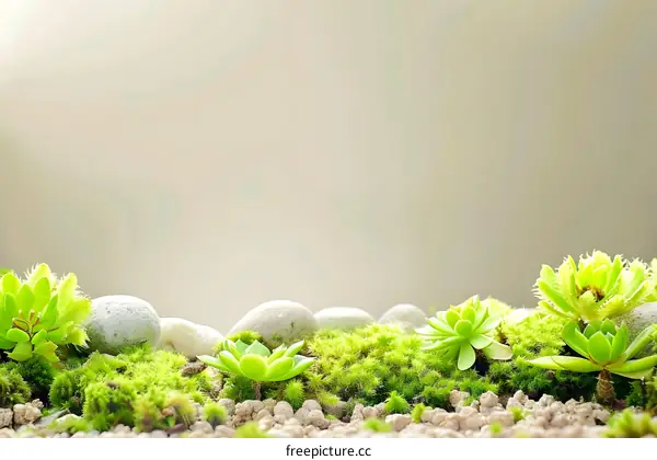 Green Succulents with White Stones on a Beige Background