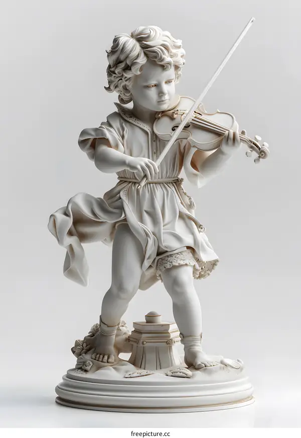 A sculpture of a young boy playing the violin