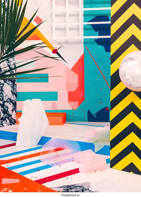 Abstract Geometric Background With Colorful Shapes And Palm Leaf