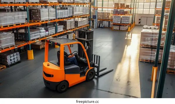 A warehouse worker operates a forklift in a warehouse full of goods.