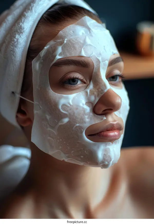 Close-up of a young woman with a white facial mask on her face
