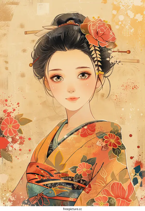 A beautiful Japanese woman in a kimono with red and pink flowers in her hair and a traditional orange and blue kimono with white and pink flowers.