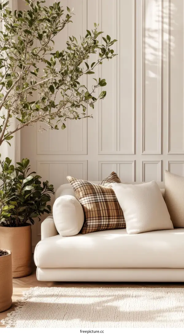 Modern Beige Living Room with Plants and Plaid Cushions