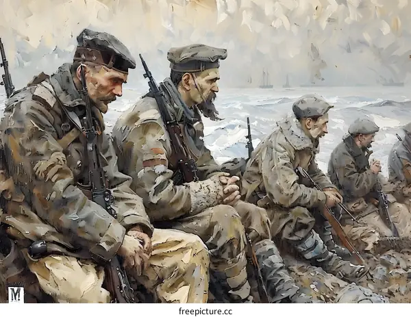 A group of soldiers sitting on a beach looking out to sea