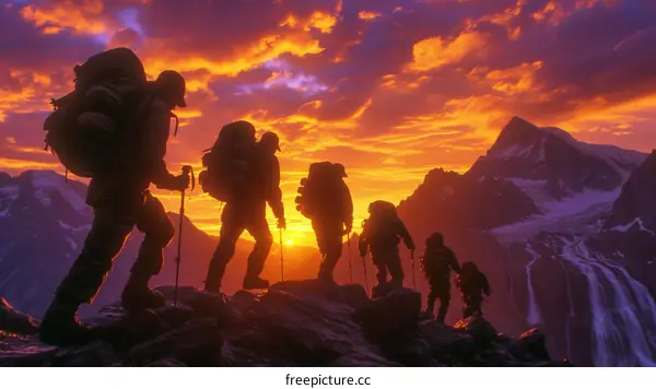 Mountaineers on the summit of a mountain at sunset