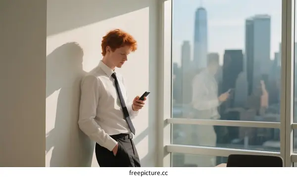Young Redhead Businessman Using Smartphone Near Window