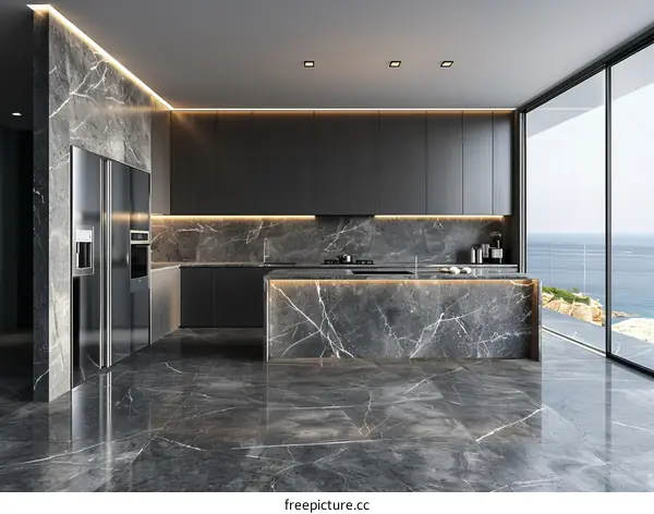 Modern Minimalist Marble Kitchen Design with Ocean View