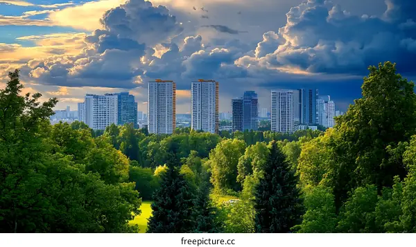Cityscape with Lush Greenery and Dramatic Sky