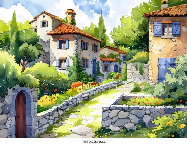 Watercolor Painting of a European Village with Stone Walls and Gardens