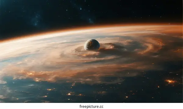 A massive swirling planet with orange clouds and distant stars in space