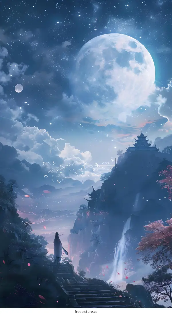 Fantasy Landscape with Full Moon and Woman in Dress