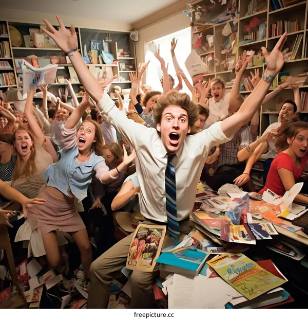 A group of excited students throwing books and papers in the air