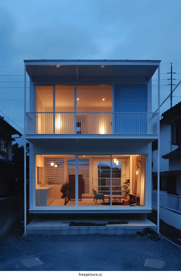 Modern White Two Story House With Large Windows and Balconies