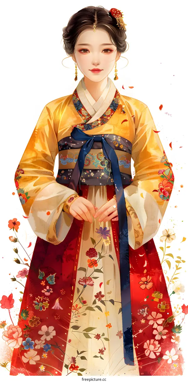 A beautiful young woman in a red and yellow dress with flowers in her hair.