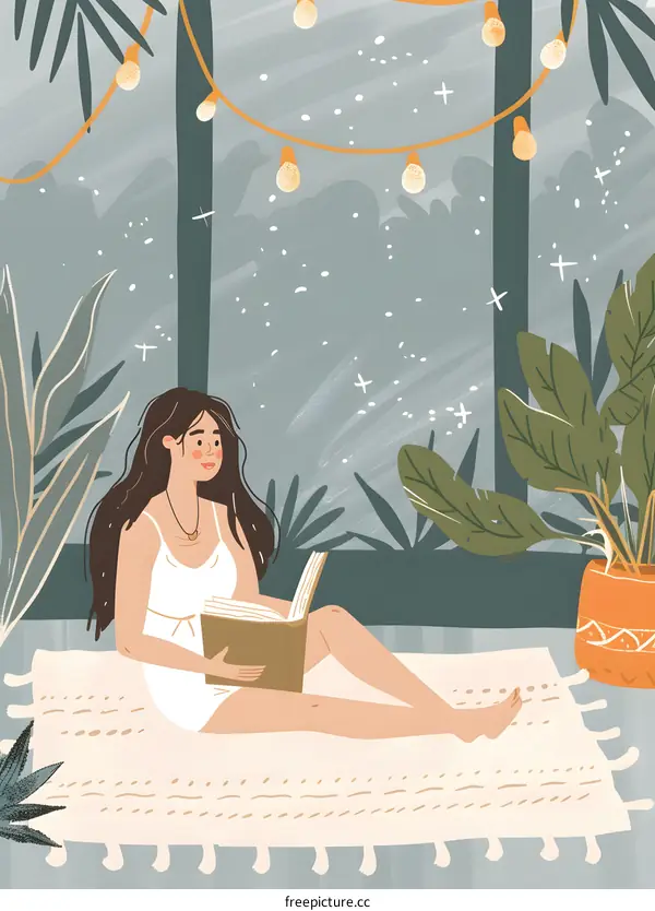 Woman Reading Book in Cozy Indoor Garden Setting with String Lights
