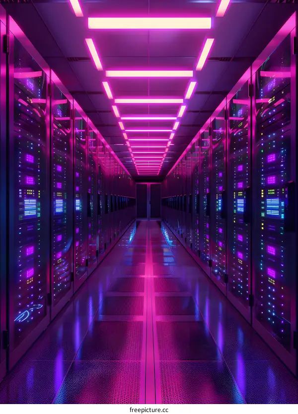 Server Room with Pink Neon Lights