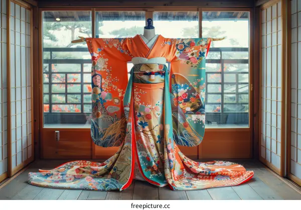 A traditional Japanese wedding kimono displayed on a mannequin