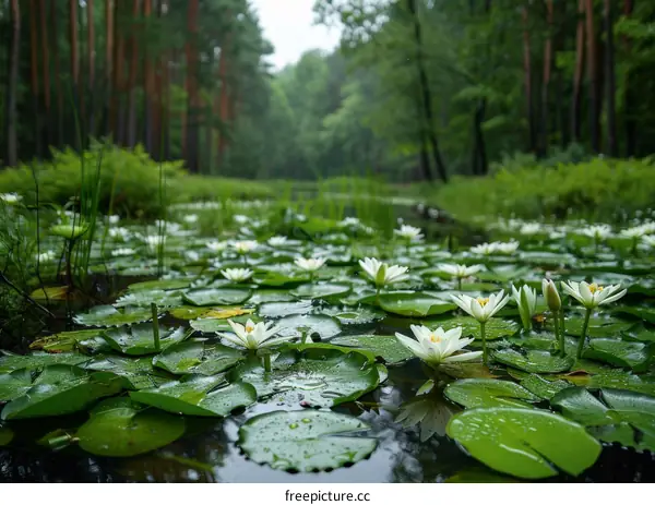 Serene Pond with Water Lilies in a Forest