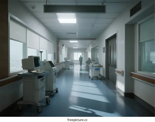 Empty Hospital Corridor with Medical Equipment and a Person Walking