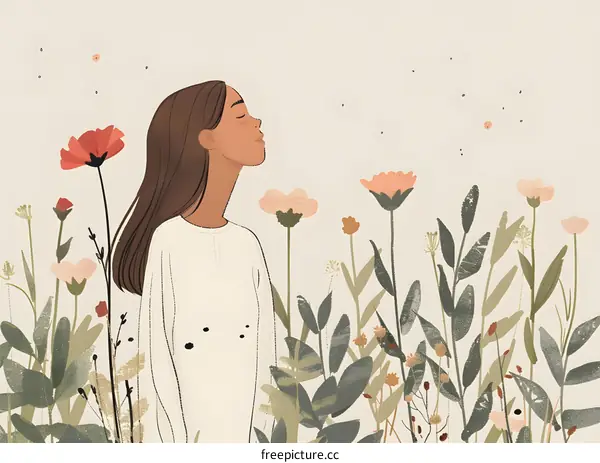 Woman in White Sweater Standing in a Field of Flowers Illustration