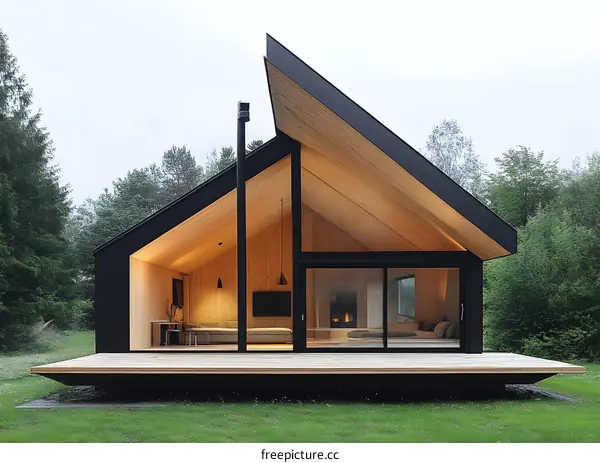 Modern Cabin in the Woods with Large Windows and Wooden Deck