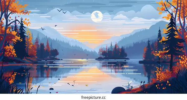 Autumn Mountain Lake Illustration with Moon and Sun