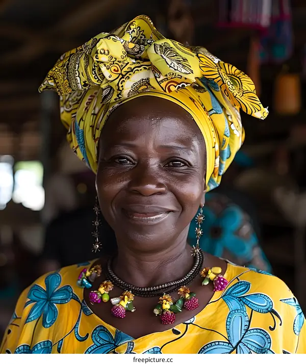 Portrait of an African Woman Wearing Traditional Headscarf and Jewelry