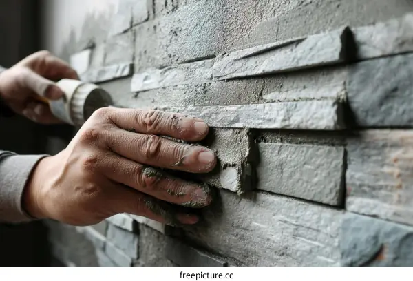Close-up of Construction Worker Laying Stone Veneer