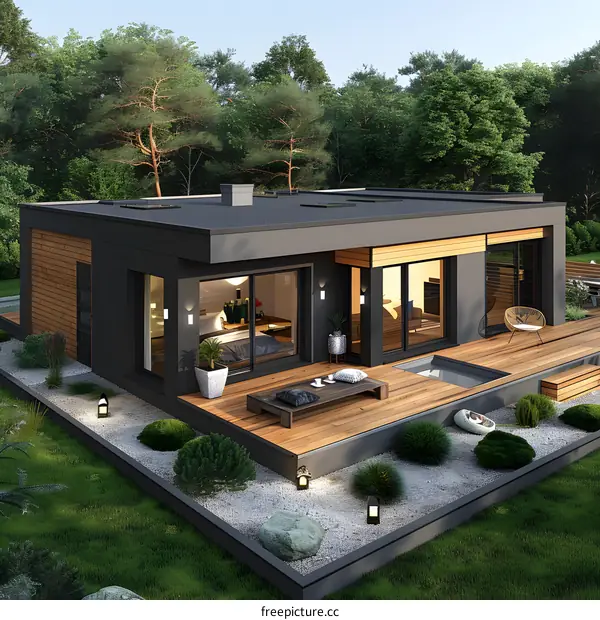 Modern House Design with Wooden Deck and Landscaping