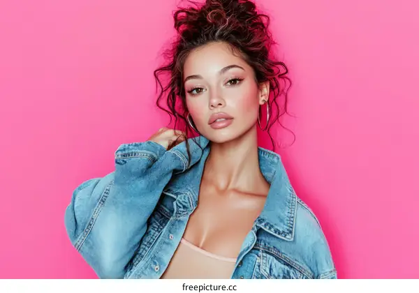 Trendy Woman in Denim Jacket against a Vibrant Pink Background