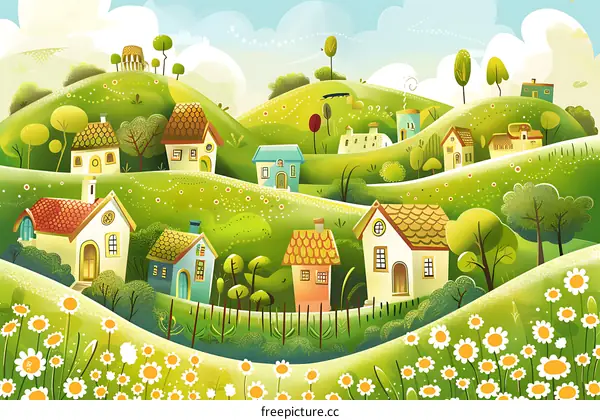 Colorful Illustration of a Small Village on a Hillside