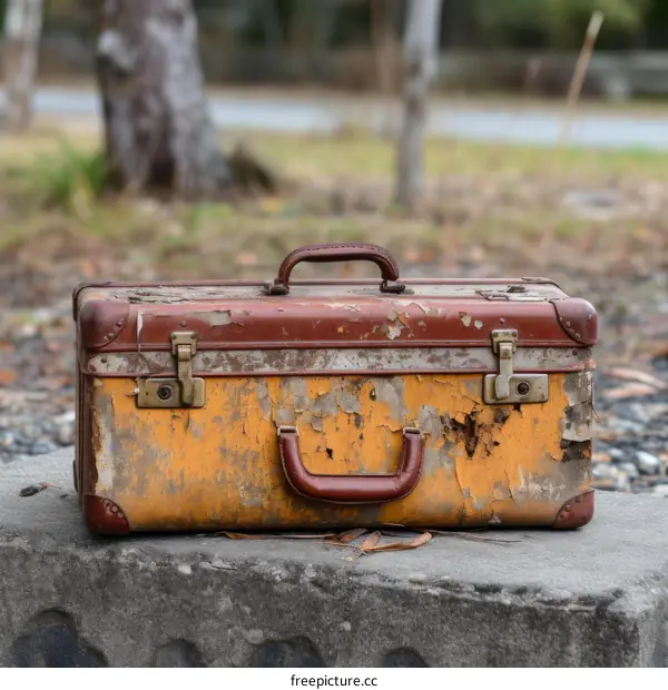 Vintage suitcase abandoned on a park bench