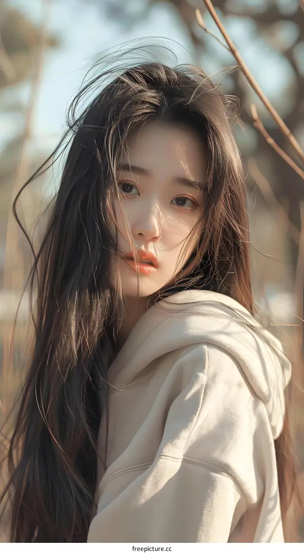 Beautiful Asian Woman with Long Black Hair Wearing a Beige Hoodie