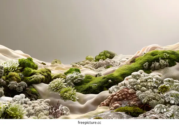Abstract Green and Beige Landscape with Moss and Succulents