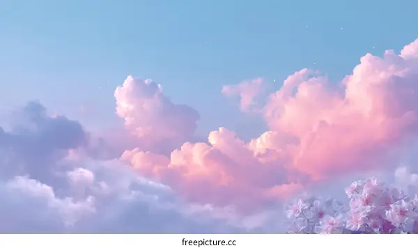 Pastel Dreamy Sky with Clouds and Flowers