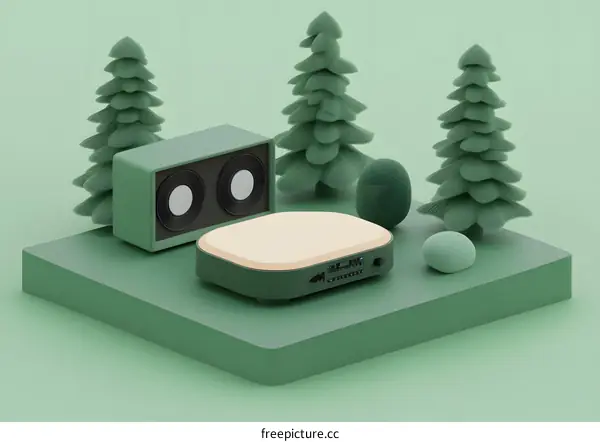 Green 3D Render of a Retro Speaker With Trees Around
