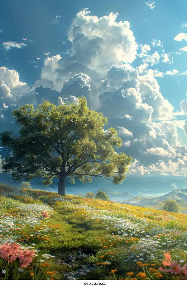 Fantasy Landscape with Majestic Tree and Flower Field
