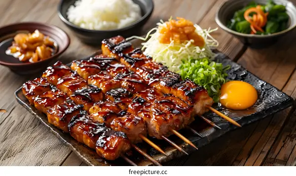 Japanese Teriyaki Chicken Skewers with Rice and Egg Yolk