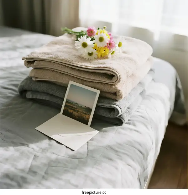 Soft towels with flowers and photo card on bed