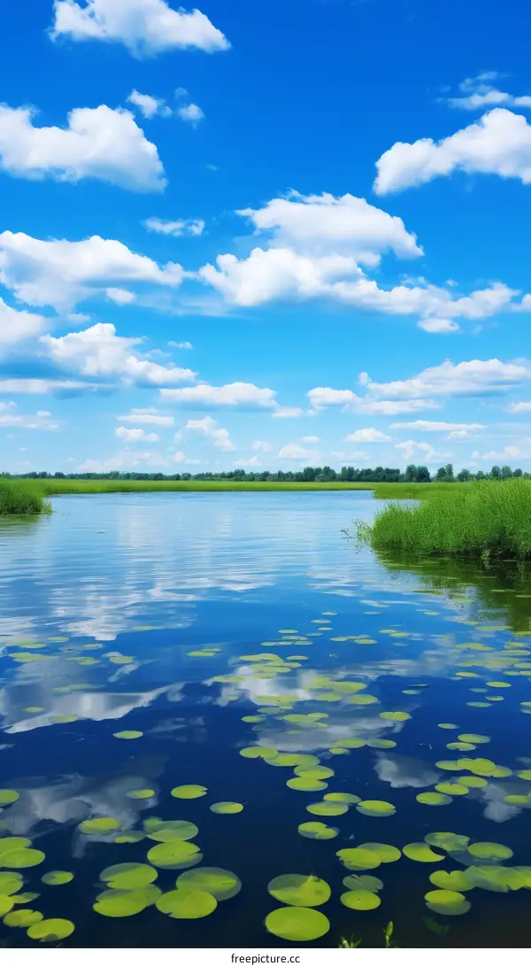 Blue sky and white clouds with green plants in the water