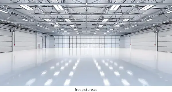 Empty Large Industrial Warehouse Space with White Walls and Doors