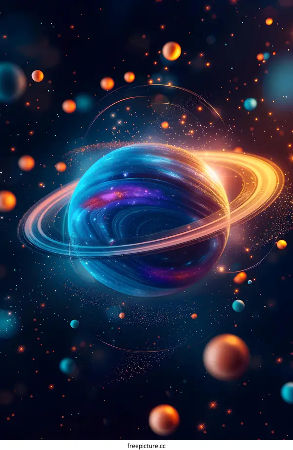 Blue and orange planet with glowing rings and stars in the background