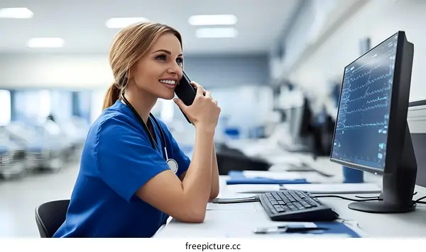 Female Nurse Talking on Phone in Hospital